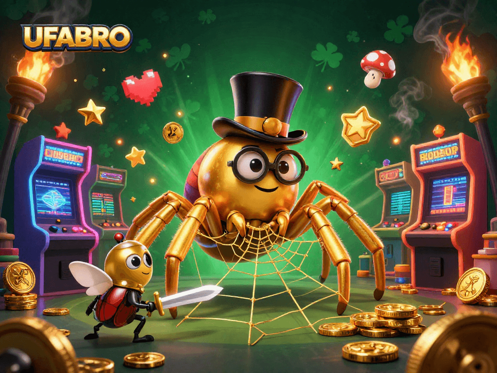 Spin to win with UFABRO's vibrant casino scene, featuring a daring beetle knight and golden tarantula.