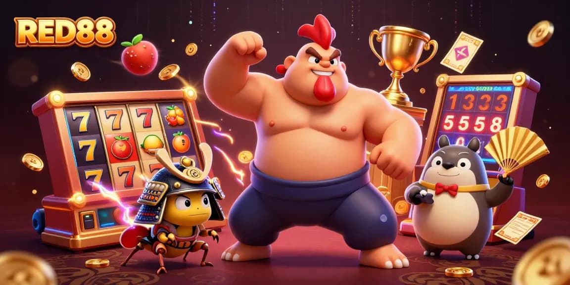 Engage with the vibrant world of RED88, showcasing lively slot machines and dynamic characters.