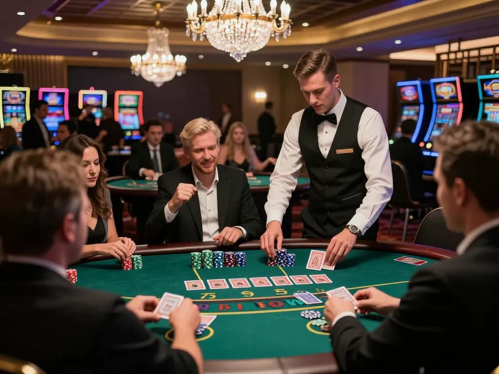 Players engaging in an intense blackjack game at SOC88 casino, showcasing excitement and strategic gameplay.