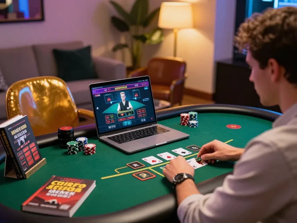 Player analyzing blackjack strategies on laptop in engaging online casino, legendelectricnd.