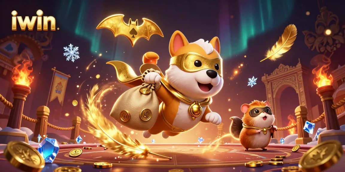 iwin cartoon superhero dog flies with gold coins in a rich casino themed artwork.