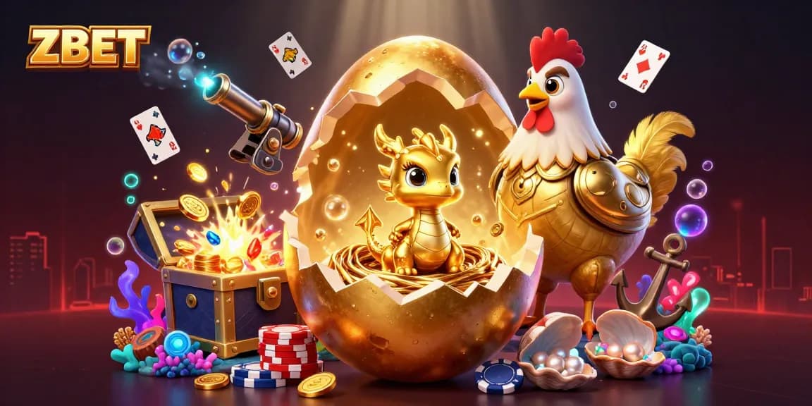 ZBET showcases a treasure-filled scene with a golden dragon and poker chips, immersed in rich gaming elements.