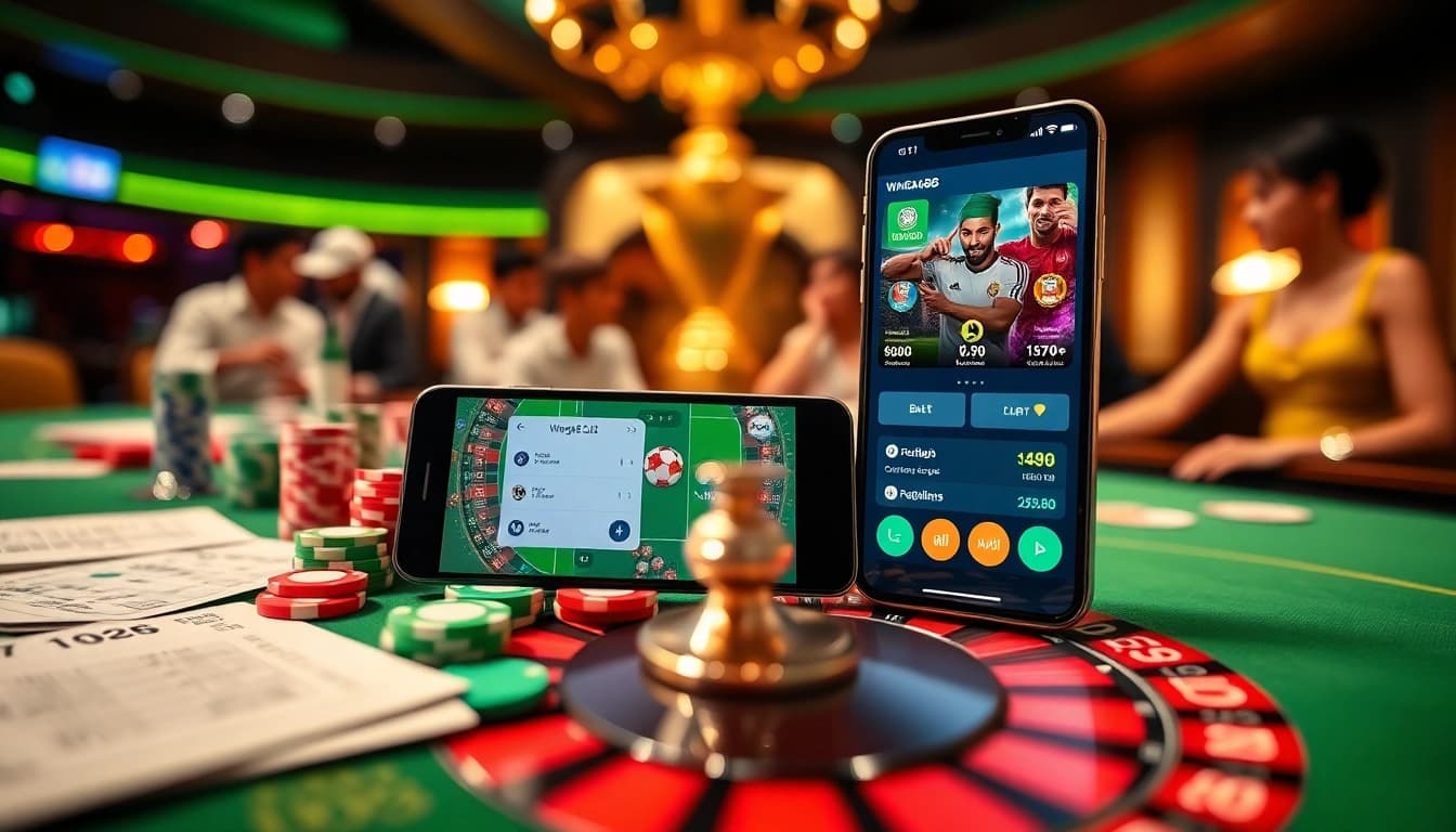 Experience the thrilling action at Situs Judi Bola Resmi with vibrant betting chips and a smartphone interface showcasing exciting live bets.