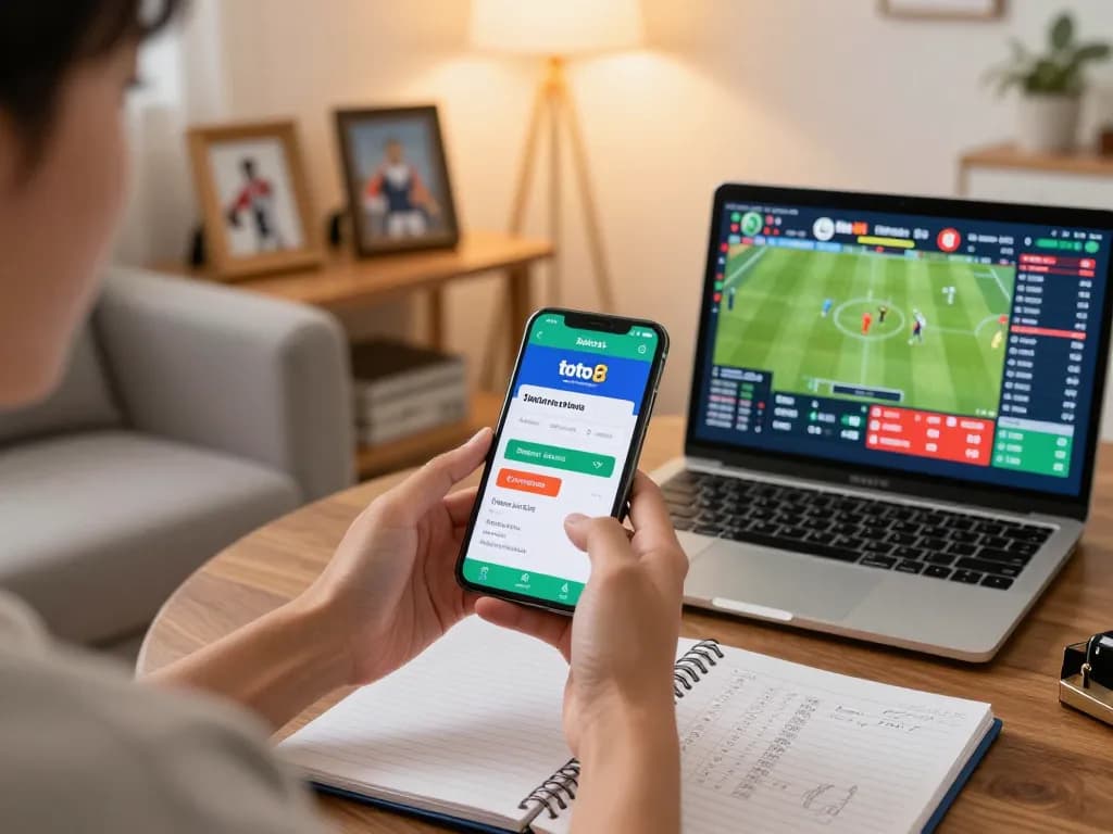Person placing a bet using the toto8 link alternatif betting app in a cozy living room