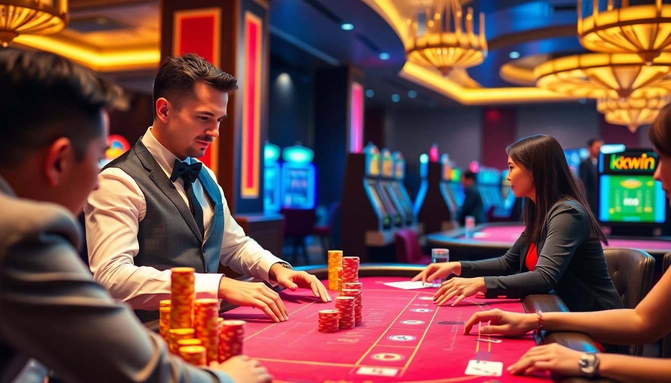 Experience the excitement of Kkwin at a professional poker table, vibrant chips, and engaging gameplay.