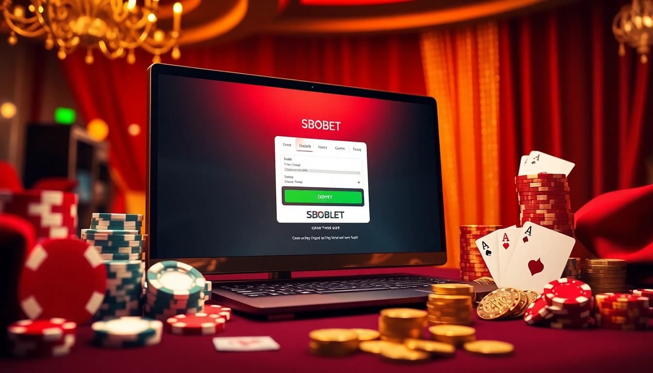 Sbobet login Indonesia interface showcased amidst vibrant casino elements like poker chips and cards.