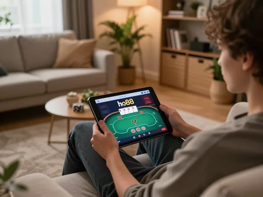 Play poker at ho88 online casino interface displayed on tablet in a cozy living room