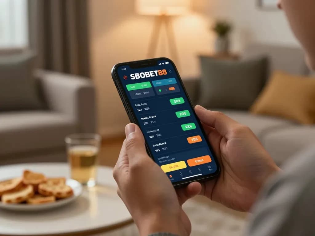SBOBET88 betting app in action with live sports odds on smartphone during home gaming session