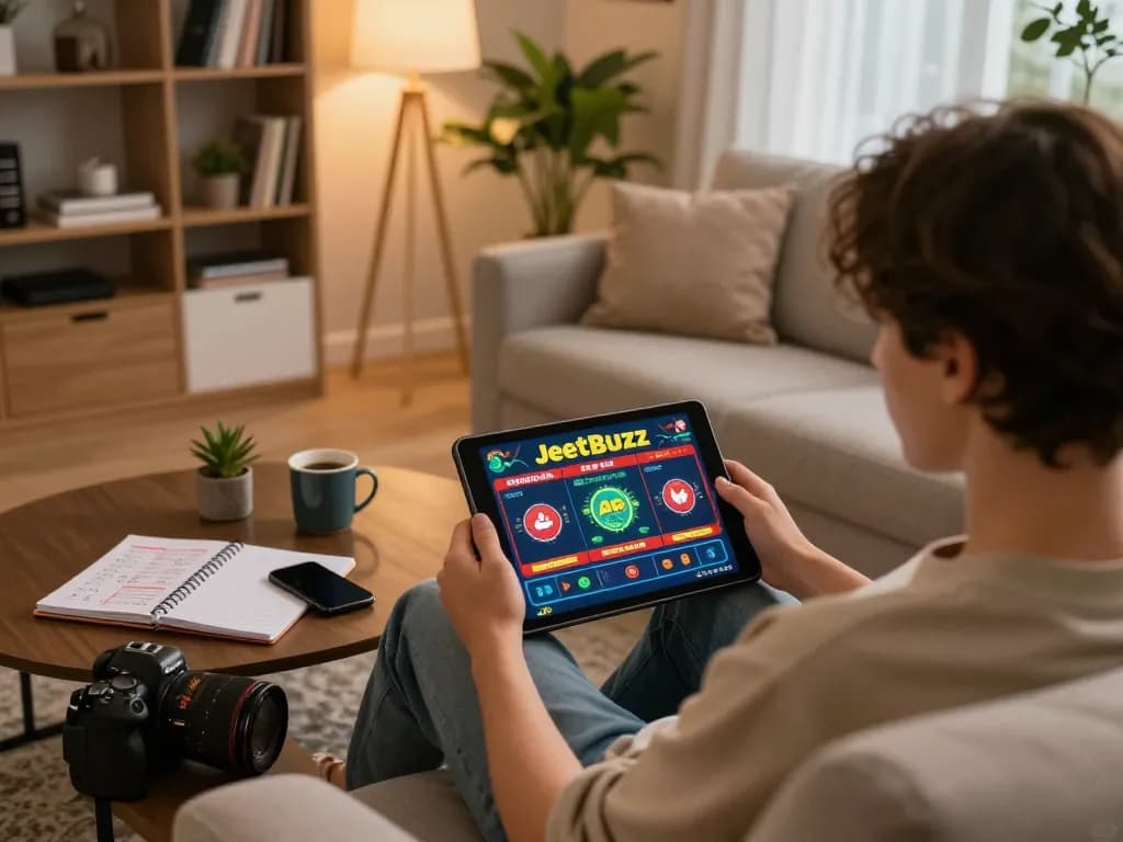 Jeetbuzz app shown on tablet while a player engages in online casino gaming at home