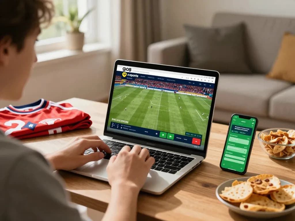 Excitedly placing bets on go8 during a live football match from home.