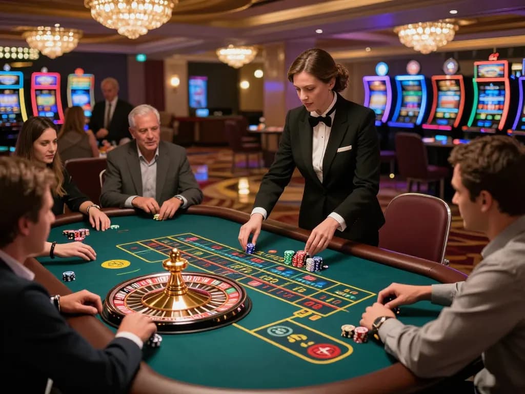 Experience the thrill of đăng nhập 88aa in a luxurious casino with players eagerly at a spinning roulette table.