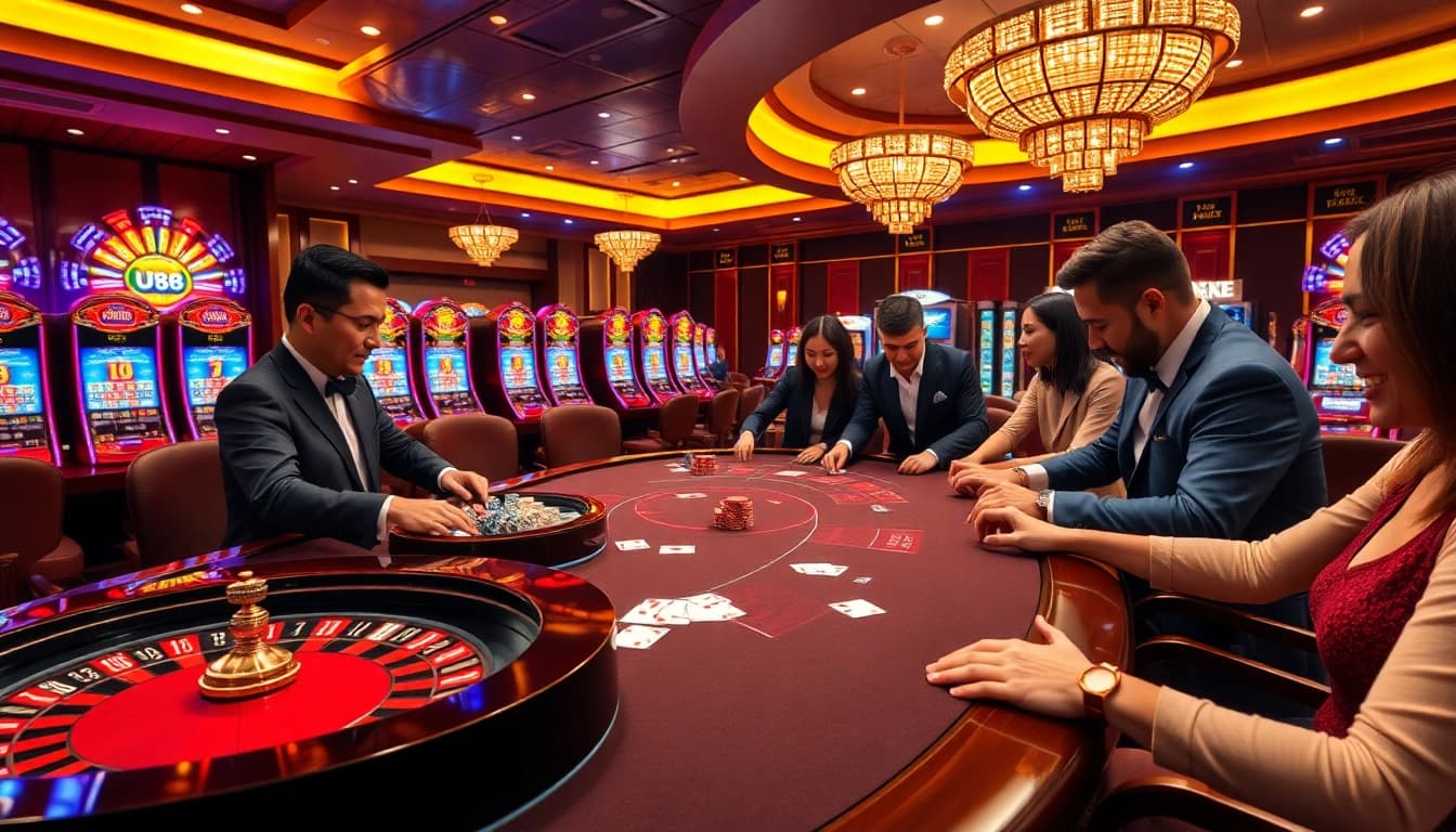 Players enjoy an exciting gaming experience at a U88 casino table with vibrant chips and cards.