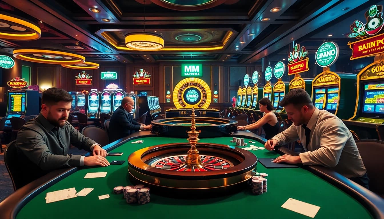 Players engage fiercely at an MM OO poker table, showcasing high-stakes betting amid a vibrant casino atmosphere.
