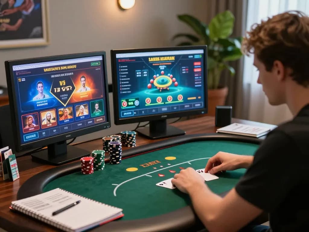 LU88 user strategizing betting at a professional online casino setup with multiple screens.