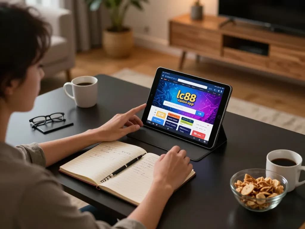 Engaging gameplay with the link lc88 casino app shown on tablet during an evening home gaming session