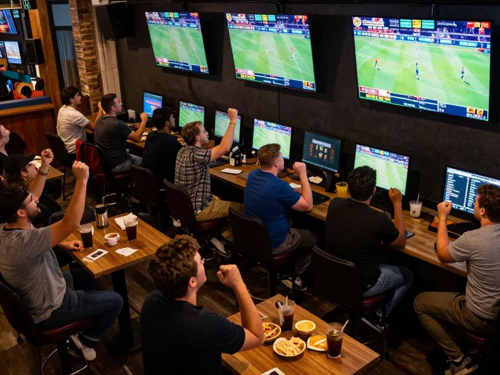 Fans engaging in sports betting at 789bet in a lively bar, with multiple screens showcasing live games, creating an energetic atmosphere.