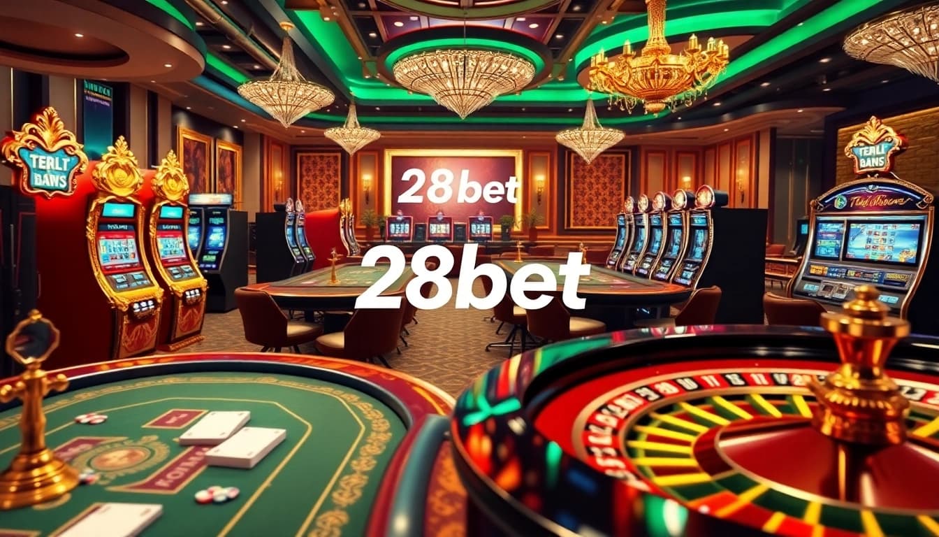 Experience the excitement of 28bet with vibrant casino tables, digital betting interfaces, and luxurious poker games.