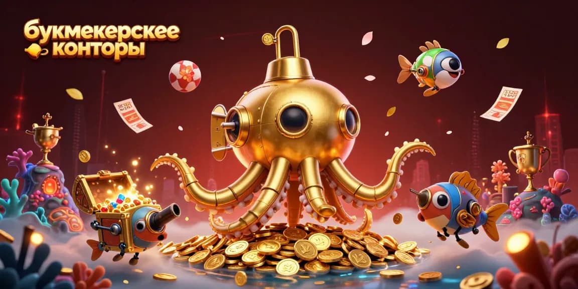 Engage with букмекерские конторы through this vibrant 3D illustration showcasing a kraken submarine amidst sports betting elements.