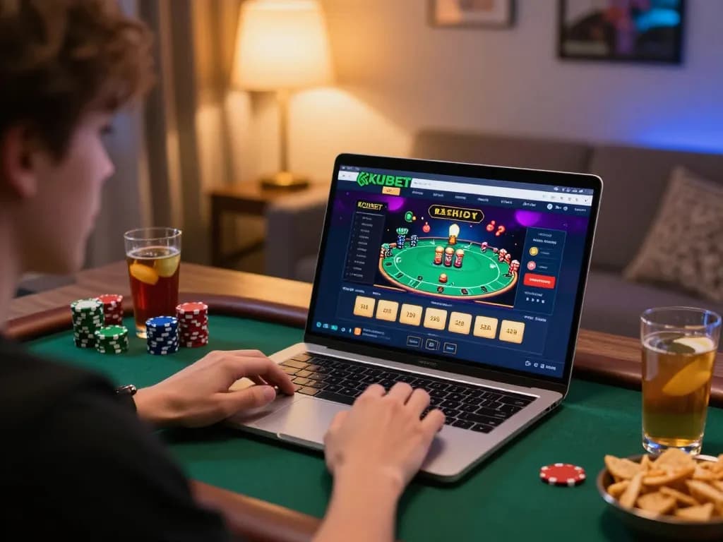 KUBET player enjoying online casino poker game on laptop in cozy home environment.