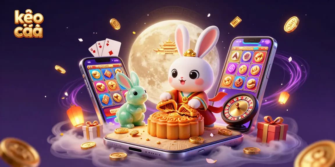 Bet on kèo nhà cái with engaging 3D moon festival scene featuring rabbits and casino elements.