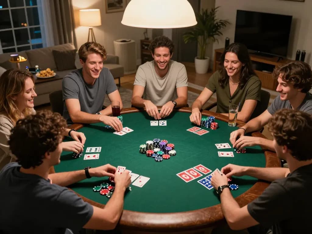 Friends enjoying a lively poker night at home, focusing on o8 gaming strategies and camaraderie
