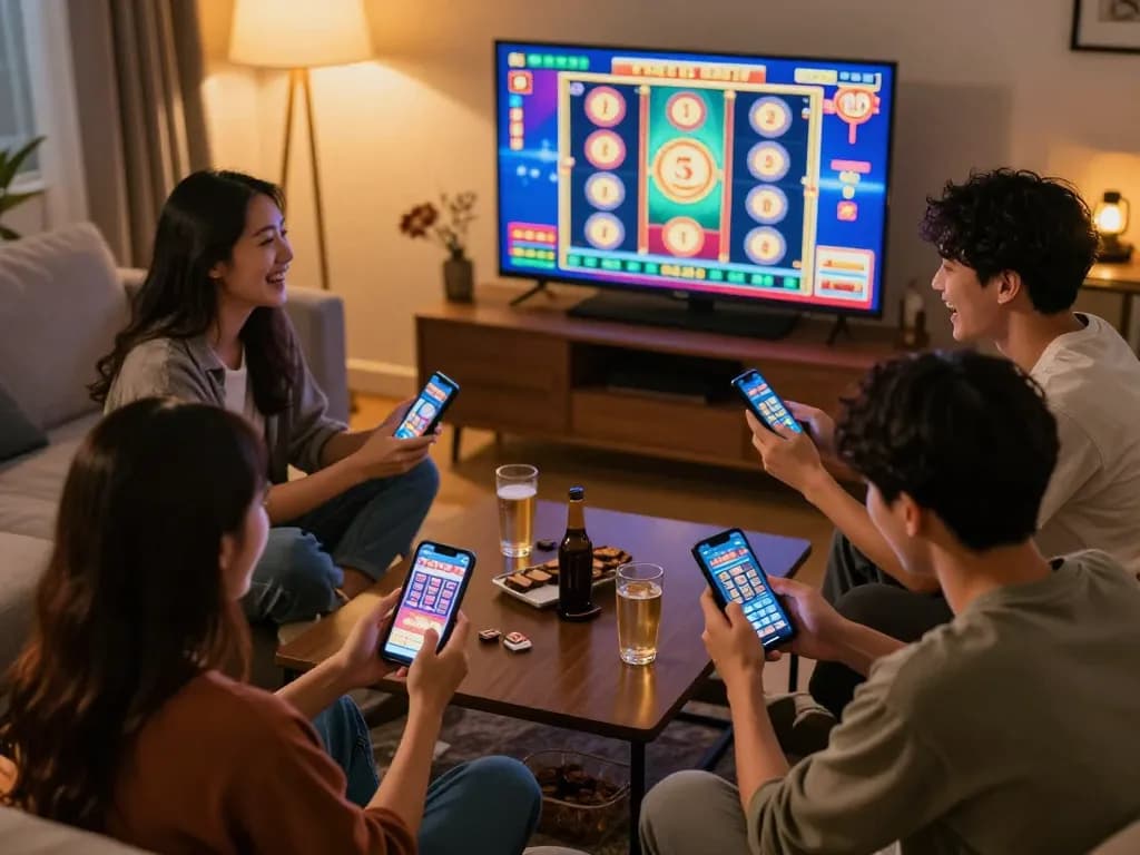 Friends enjoying a fun evening playing situs slot online on their smartphones in a cozy home setting.