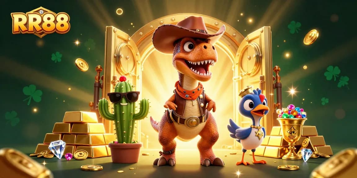 Experience thrill at RR88 with a dynamic cartoon scene of a cowboy dinosaur, cactus, and roadrunner in a casino atmosphere.