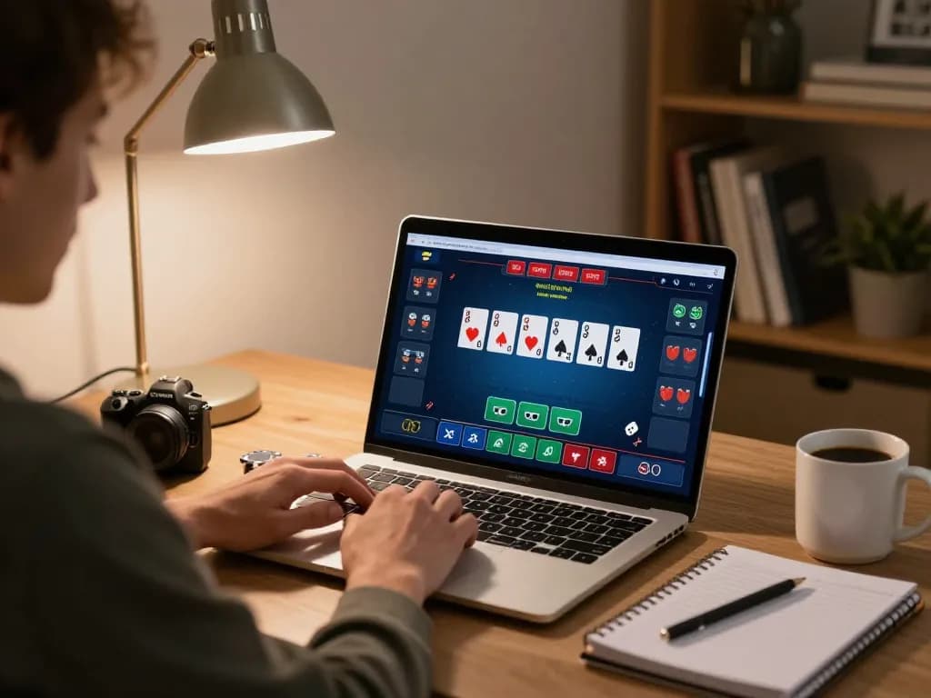 Btopcshop user engaging in an online poker game on a laptop, showcasing strategy notes and betting interface.