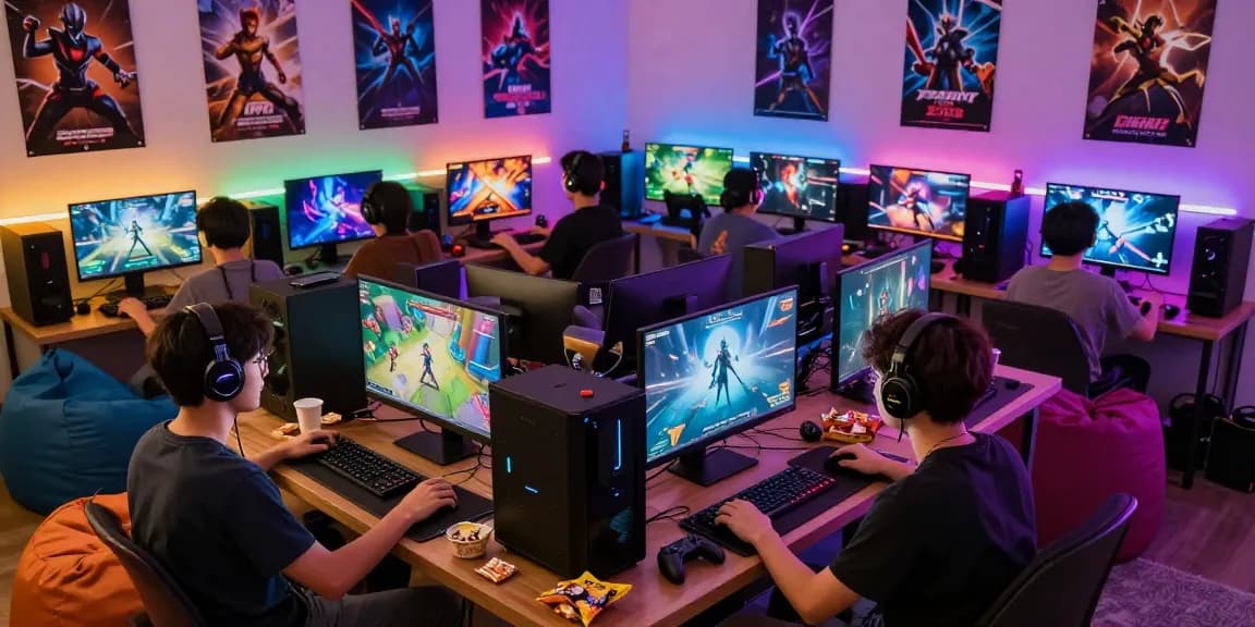 Players enjoying night gaming at https://cikagames.com/ with colorful screens, headsets, and snacks.