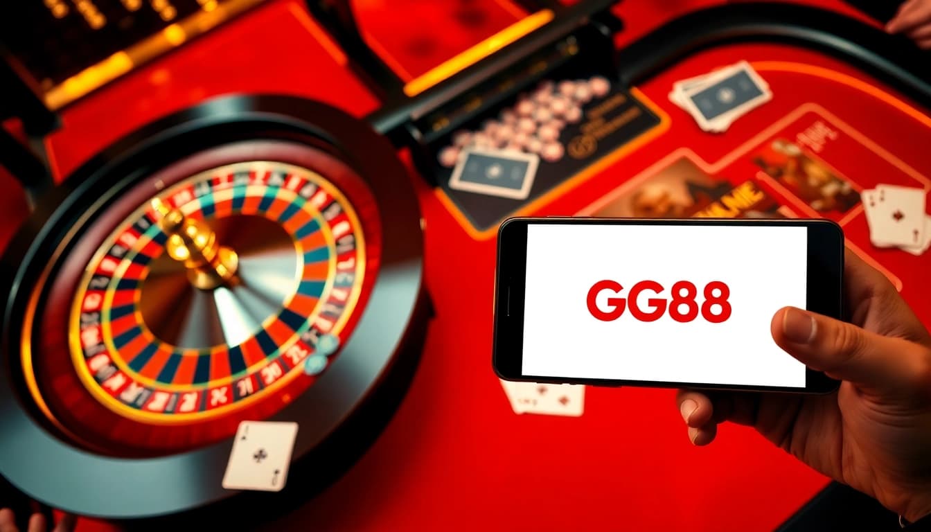 Experience the thrill of GG88 with a luxurious casino scene showcasing poker tables and roulette.
