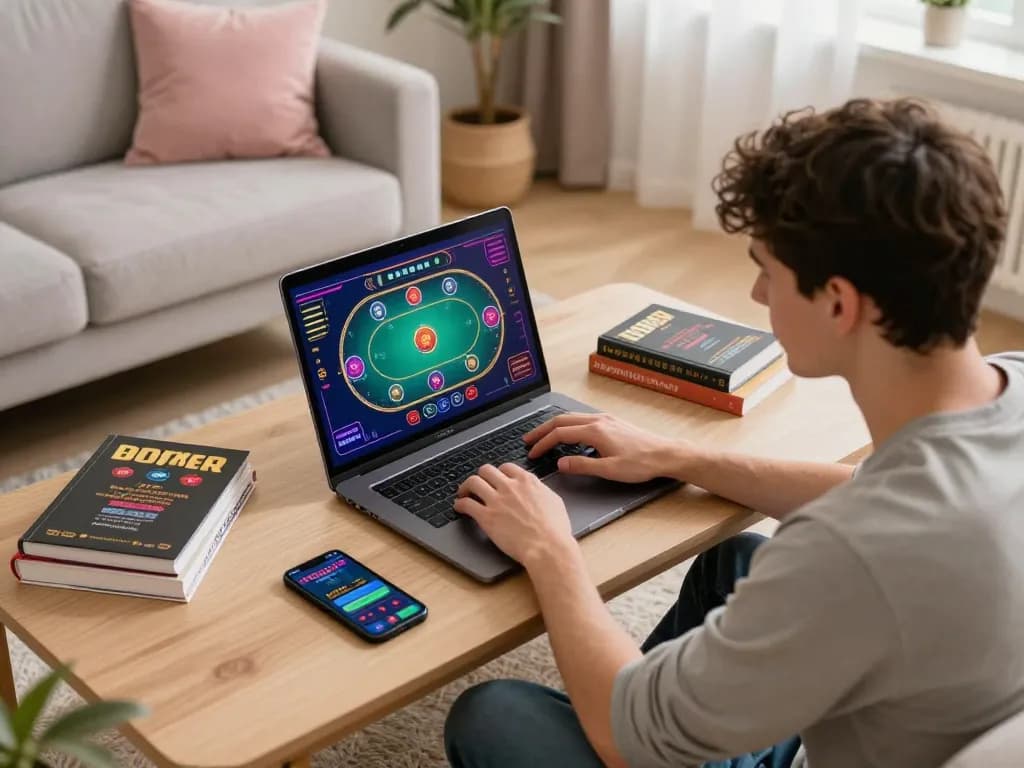 Player immersed in online casino gameplay at home, exploring strategies with nhacaiuytin insights.