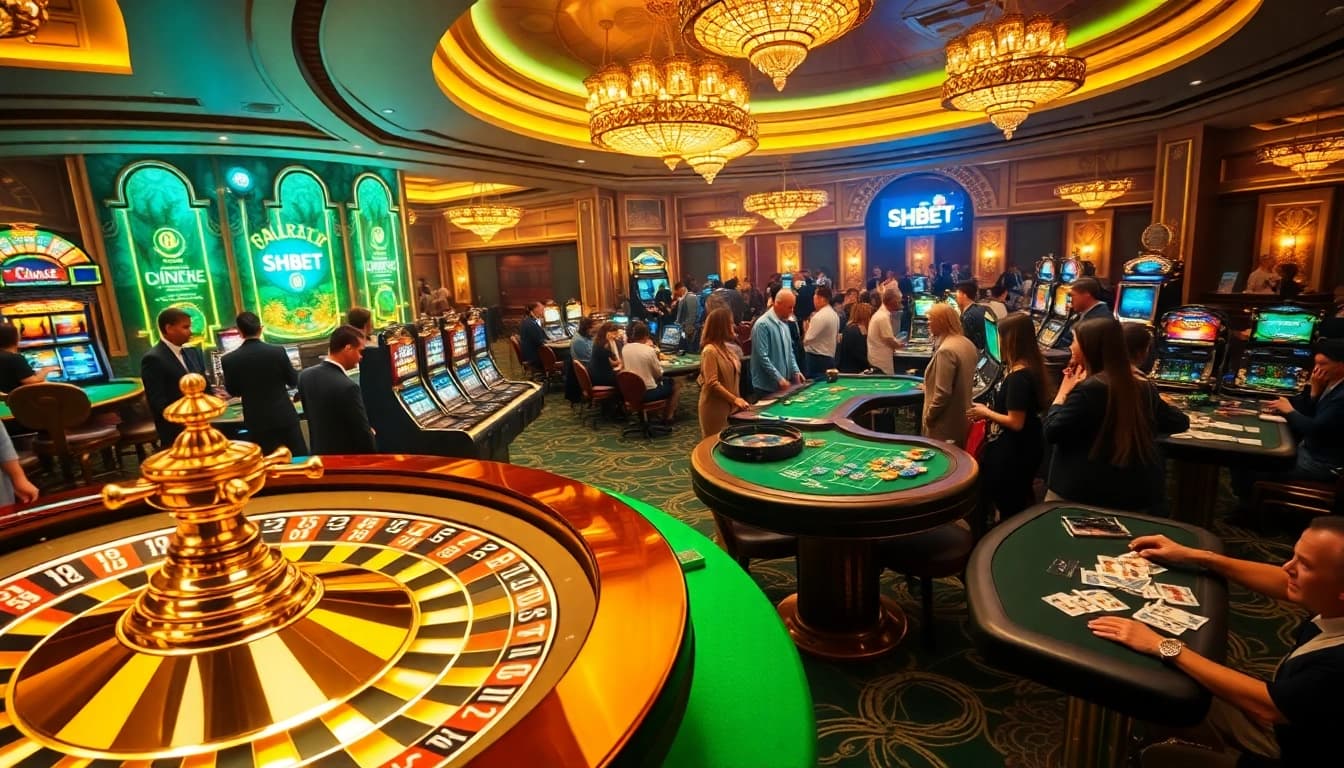 SHBET casino with luxurious tables, vibrant games, and thrilling atmosphere.