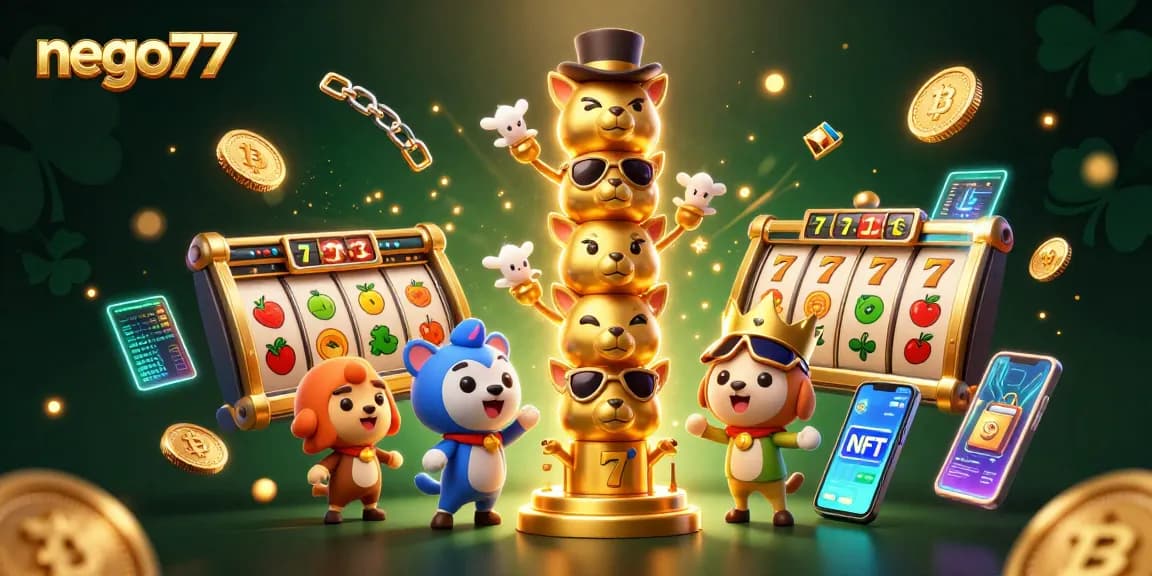 Experience high RTP wins at nego77 with this vibrant 3D illustration of a golden totem and slot game elements.