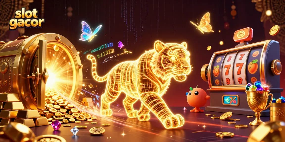 Experience immersive slot gacor gameplay alongside a golden tiger in a cinematic casino setting.