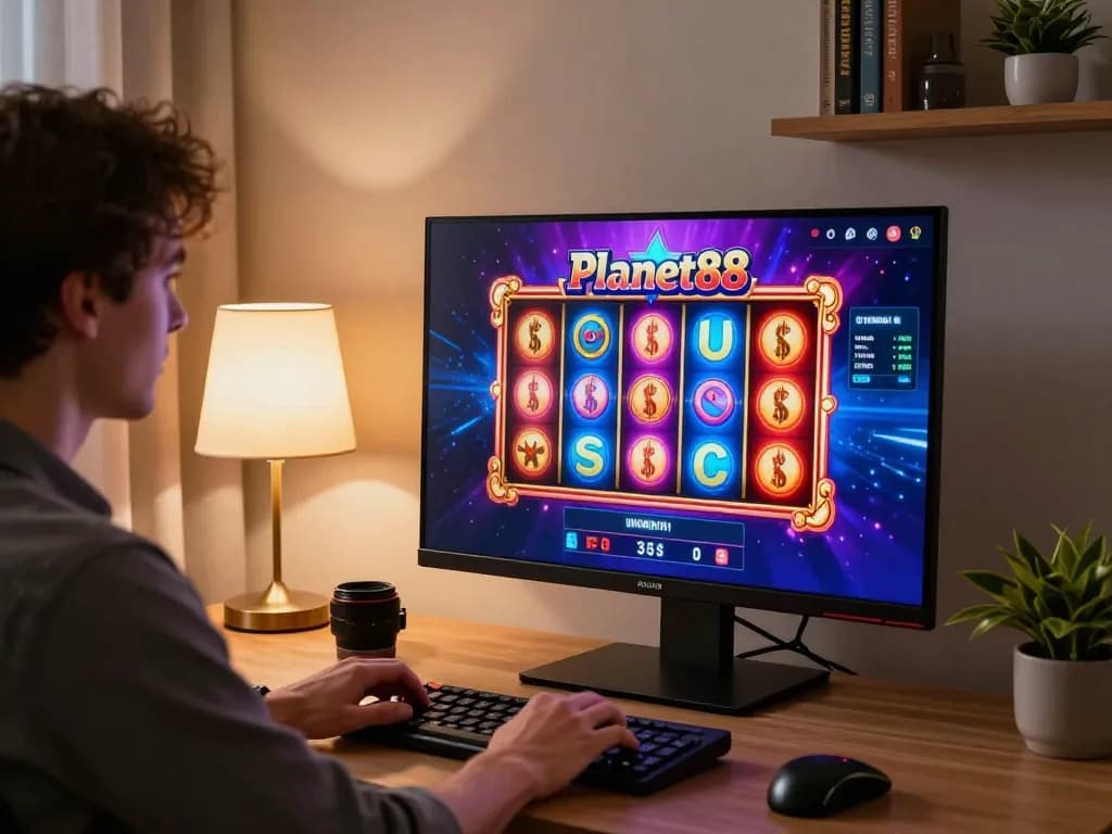 Person playing Planet88 online slots at home, showcasing vibrant gaming experience and responsible play.