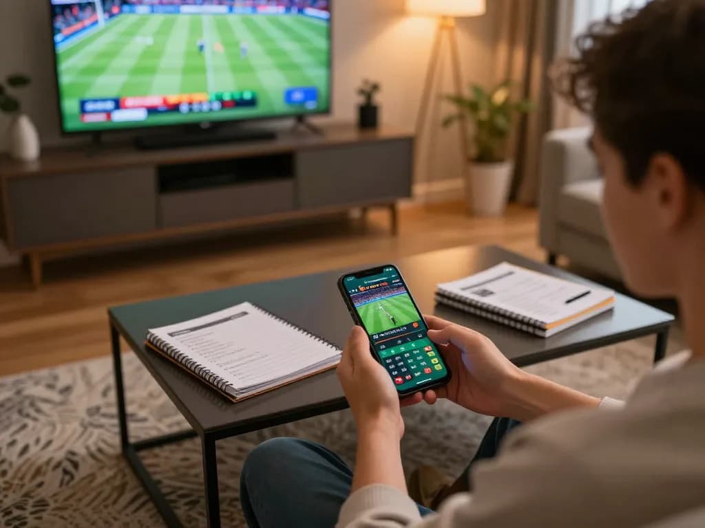 Engaged player accessing trang chủ go8 on a smartphone during a sports betting session at home.