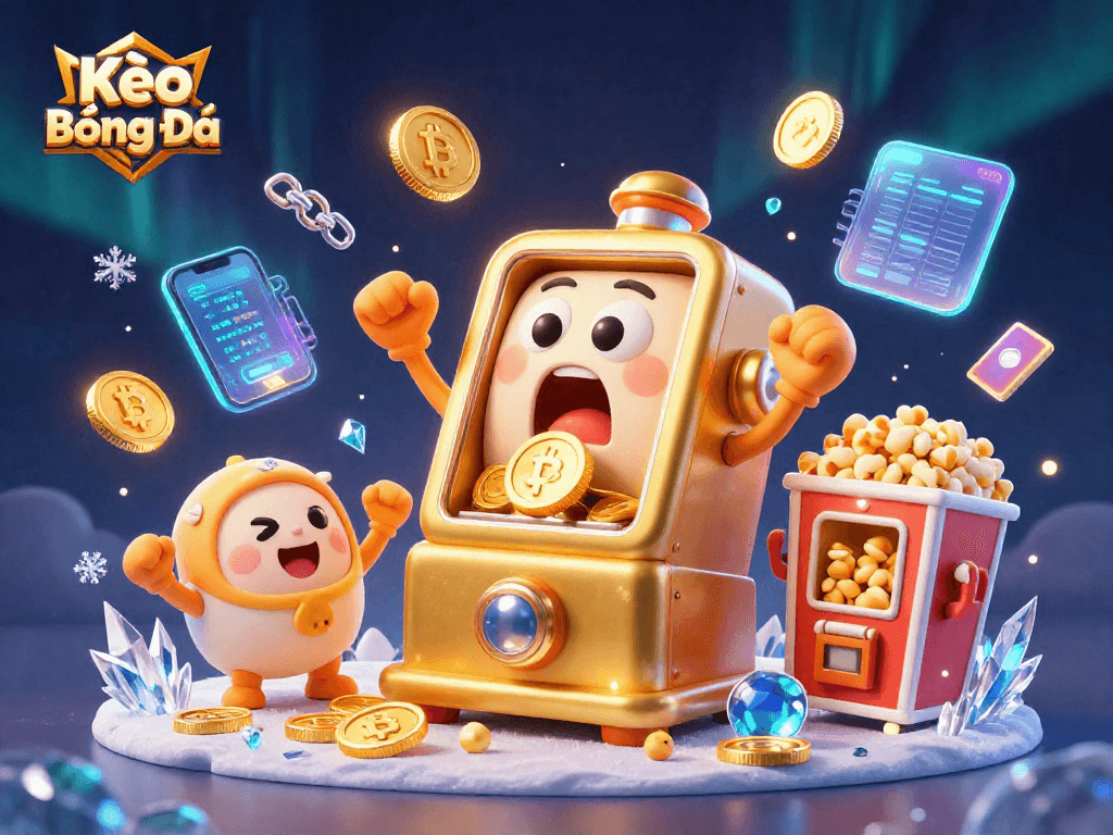 Kèo Bóng Đá slot machine hits a jackpot, surrounded by cheering characters and crypto elements.