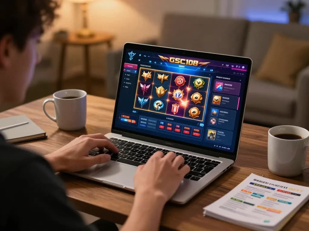 Pemain menikmati permainan slot online Gsc108 dalam pengaturan permainan di rumah yang nyaman
