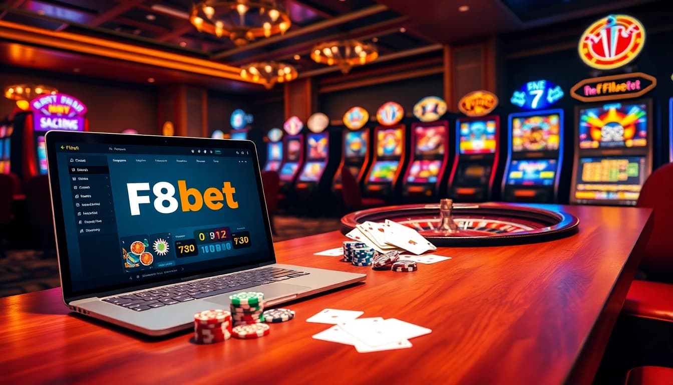Engaging F8bet online casino scene with poker chips, playing cards, and a roulette wheel.