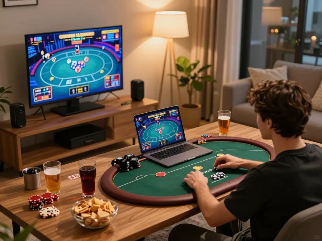 Engaged online poker player at home using tr88 gaming setup, snacks and strategy notes enhancing experience.