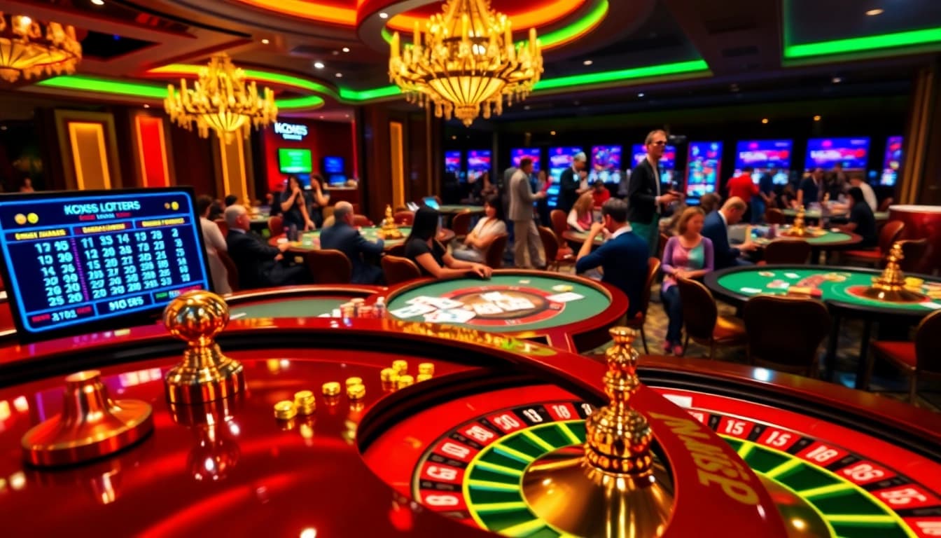 Kqxs players analyzing results at a luxurious casino poker table with vibrant chips
