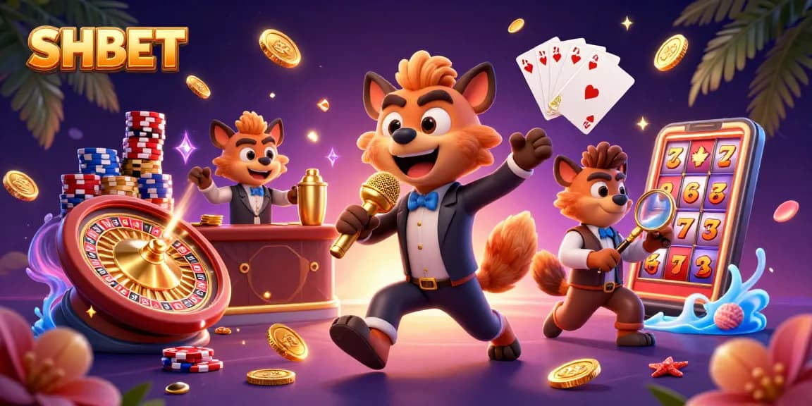 Experience the SHBET casino with hyenas enjoying a lively comedy night featuring coins and games.