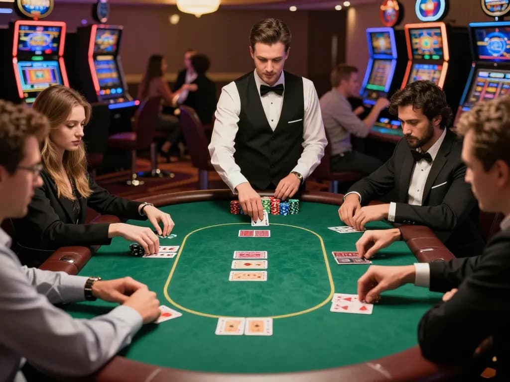 Experience the thrilling c168 poker game at an elegant casino table with engaged players and vibrant atmosphere.