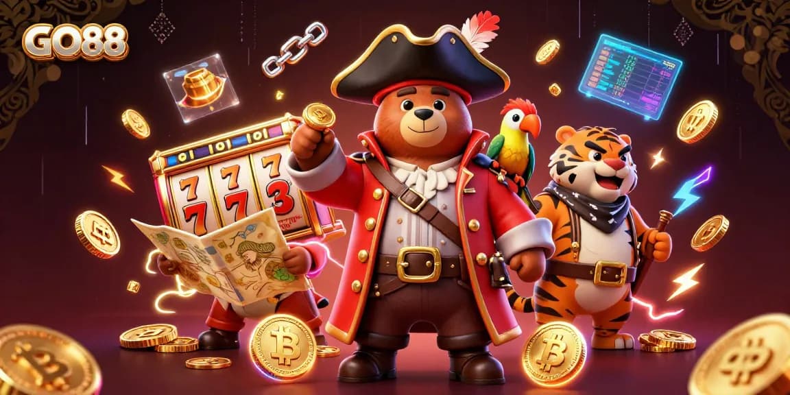 Experience thrilling gameplay with GO88 as pirate bear, tiger, and parrot enjoy exciting slot adventures.