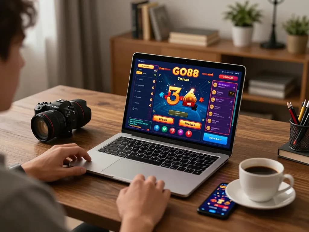 Engaging in online betting on GO88 with a vibrant gaming setup and cozy atmosphere.