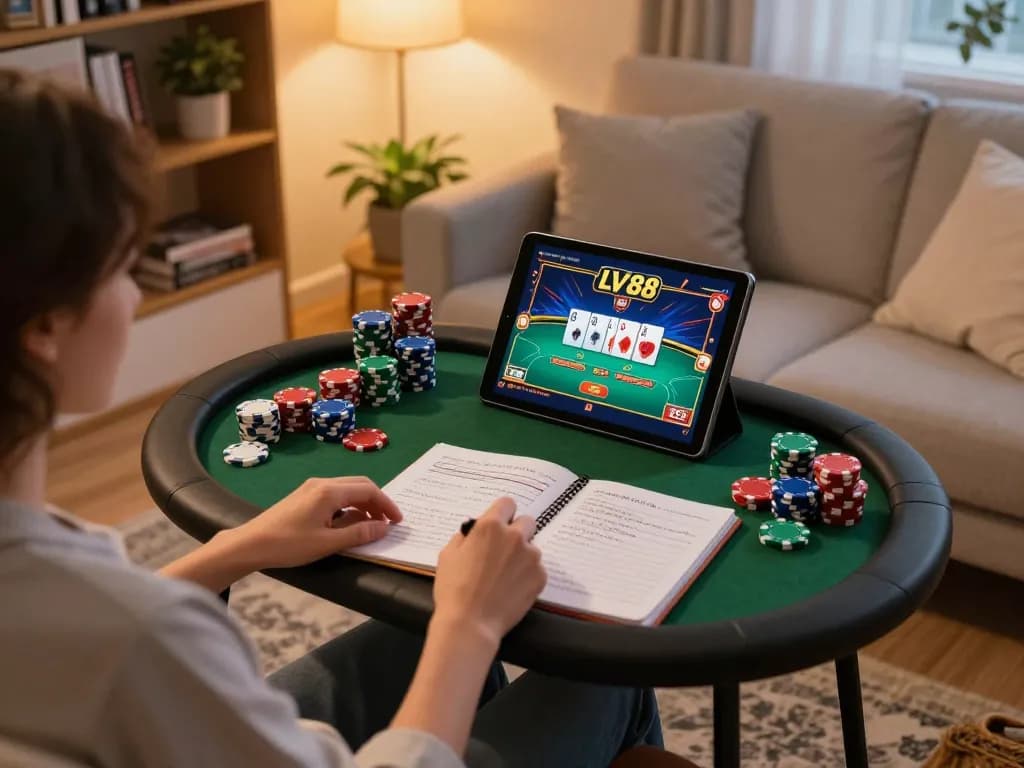 Engaging in a dynamic LV88 online poker game from the comfort of home, showcasing strategy and relaxation.