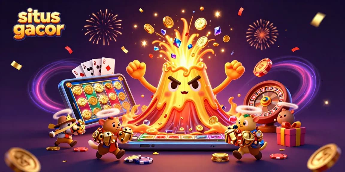 Situs gacor showcasing a triumphant golden volcano with treasure, surrounded by festive casino elements.