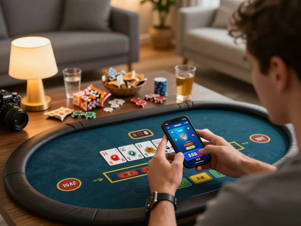 IWIN68 player engaged in online blackjack, smartphone screen showing cards, cozy living room.