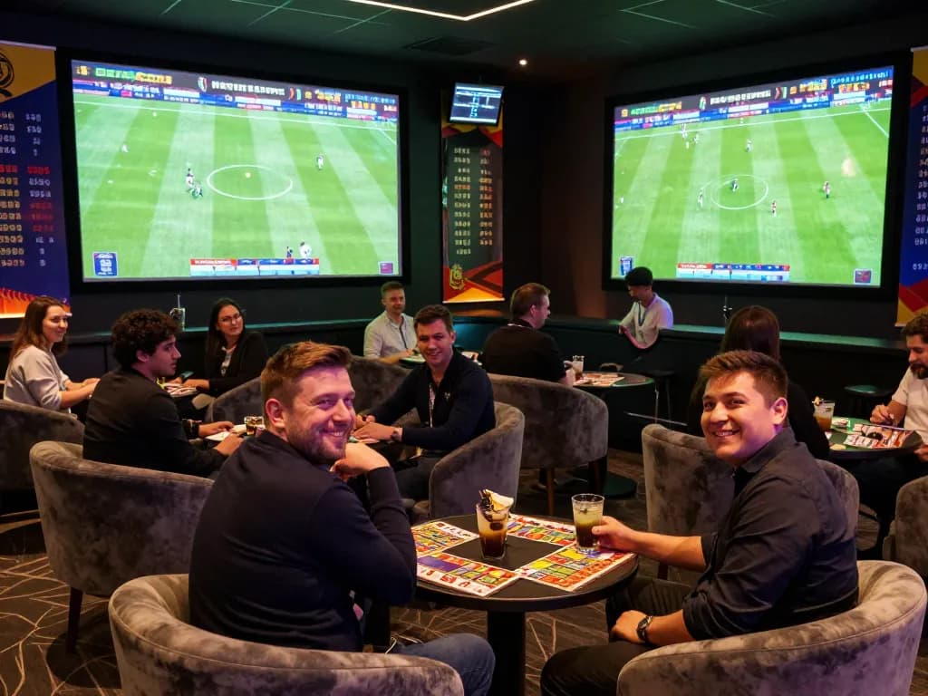 Exciting punters engage in live betting action with tin soi kèo insights, showcasing dynamic sports lounge atmosphere.