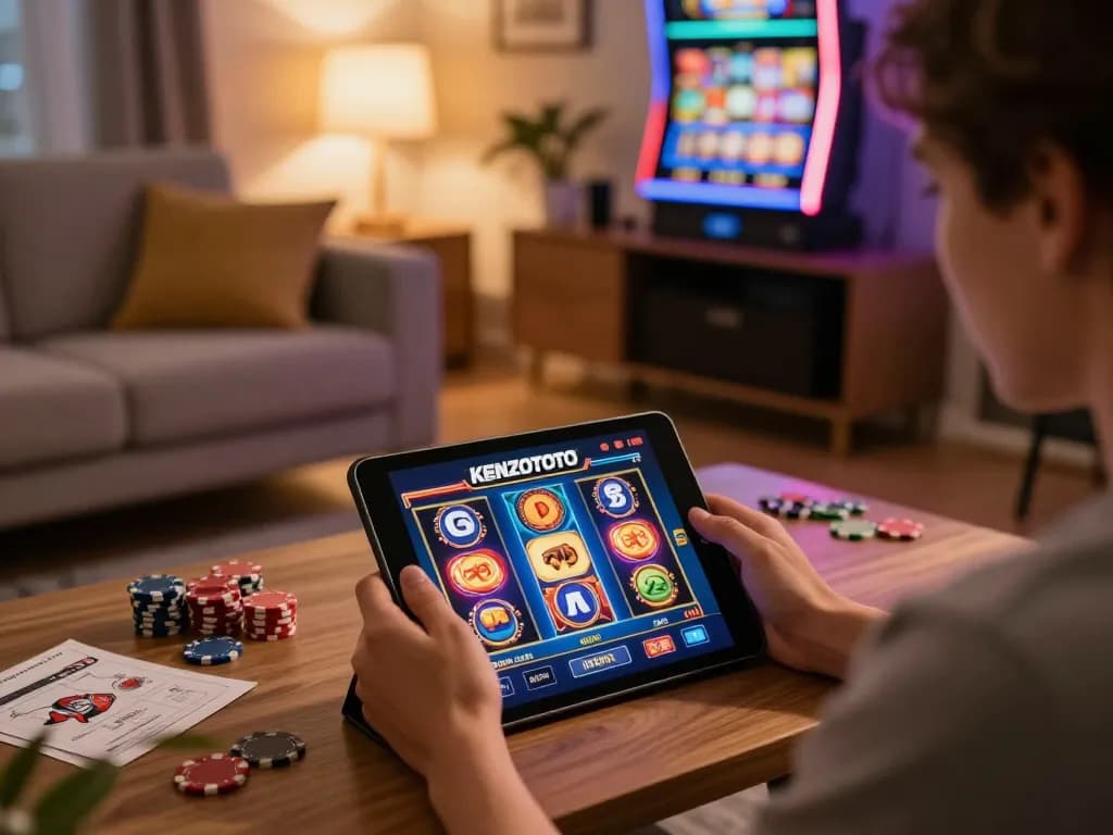Engaging with KENZOTOTO slot gacor hari ini on a tablet, showcasing dynamic online gaming experience.